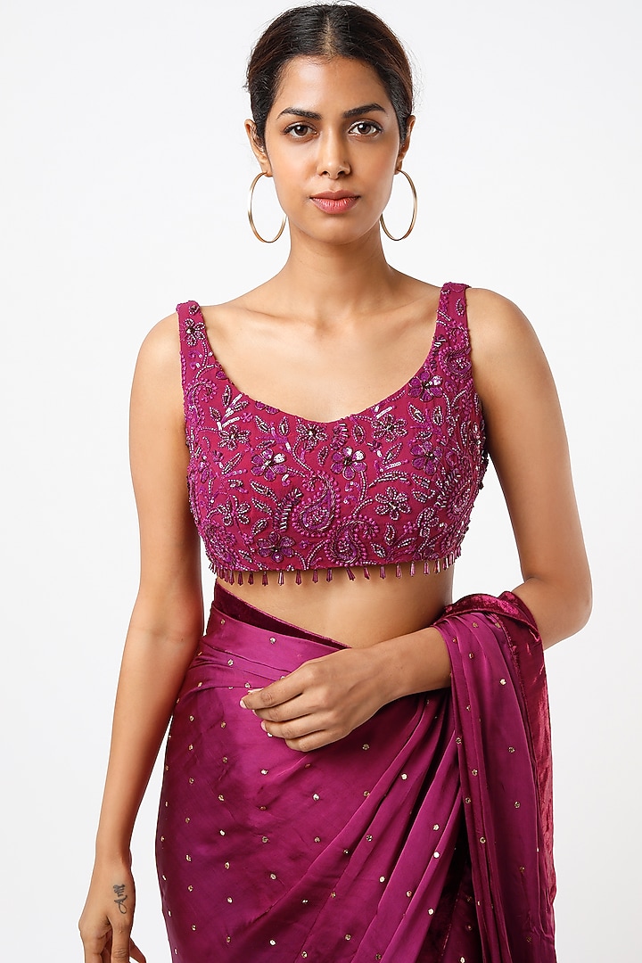 Wine Satin Georgette Mukaish Wedding Saree Set by Oru at Pernia's Pop Up Shop
