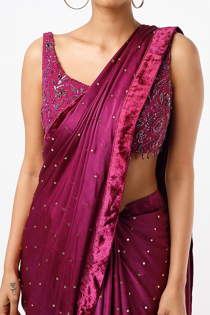 Wine Satin Georgette Mukaish Wedding Saree Set by Oru at Pernia's Pop Up Shop