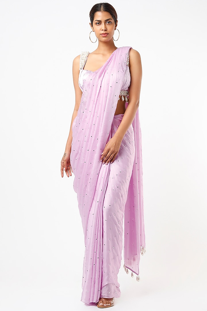 Lilac Satin Georgette Saree Set by Oru