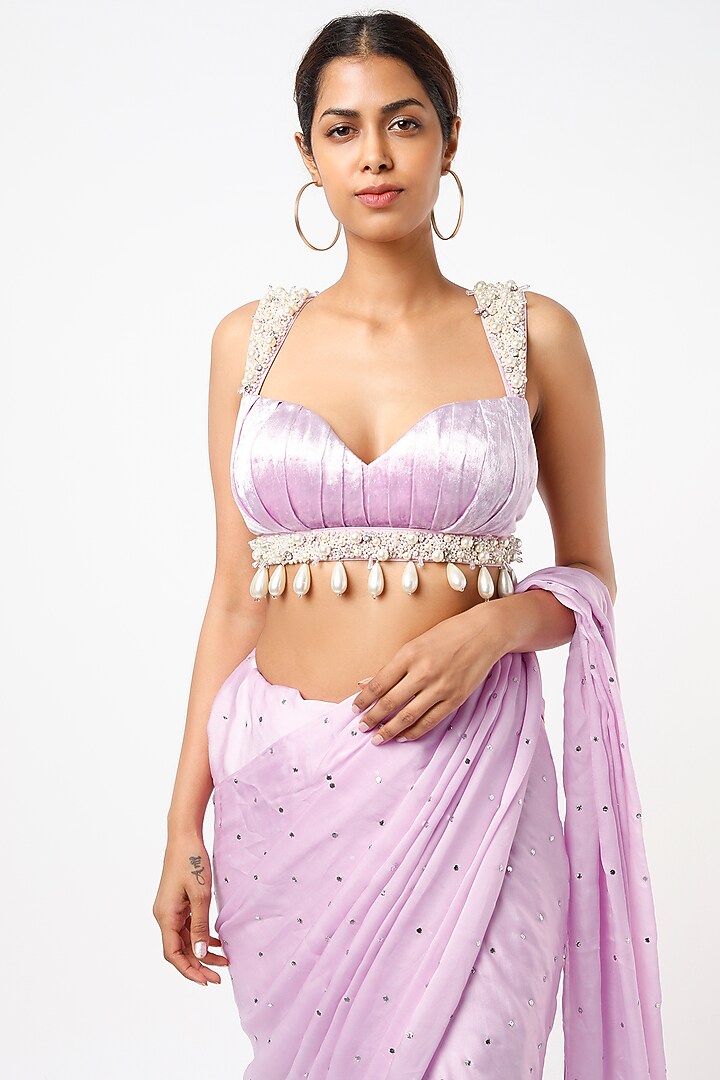 Lilac Satin Georgette Wedding Saree Set by Oru at Pernia's Pop Up Shop