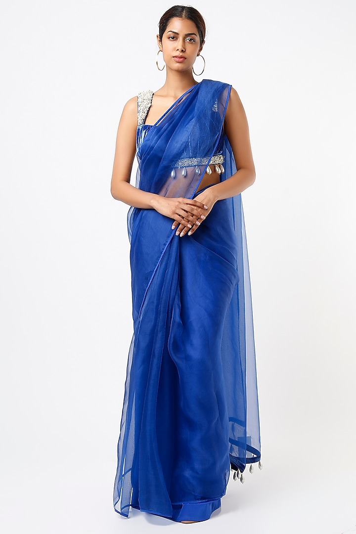 Royal Blue Pure Organza Saree Set by Oru