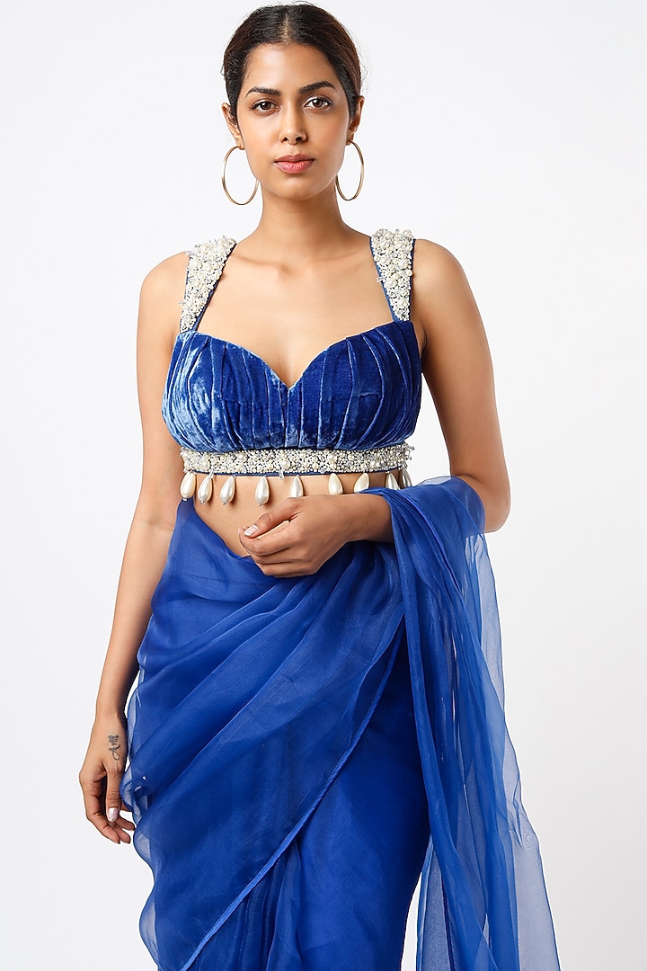 Royal Blue Pure Organza Wedding Saree Set by Oru at Pernia's Pop Up Shop