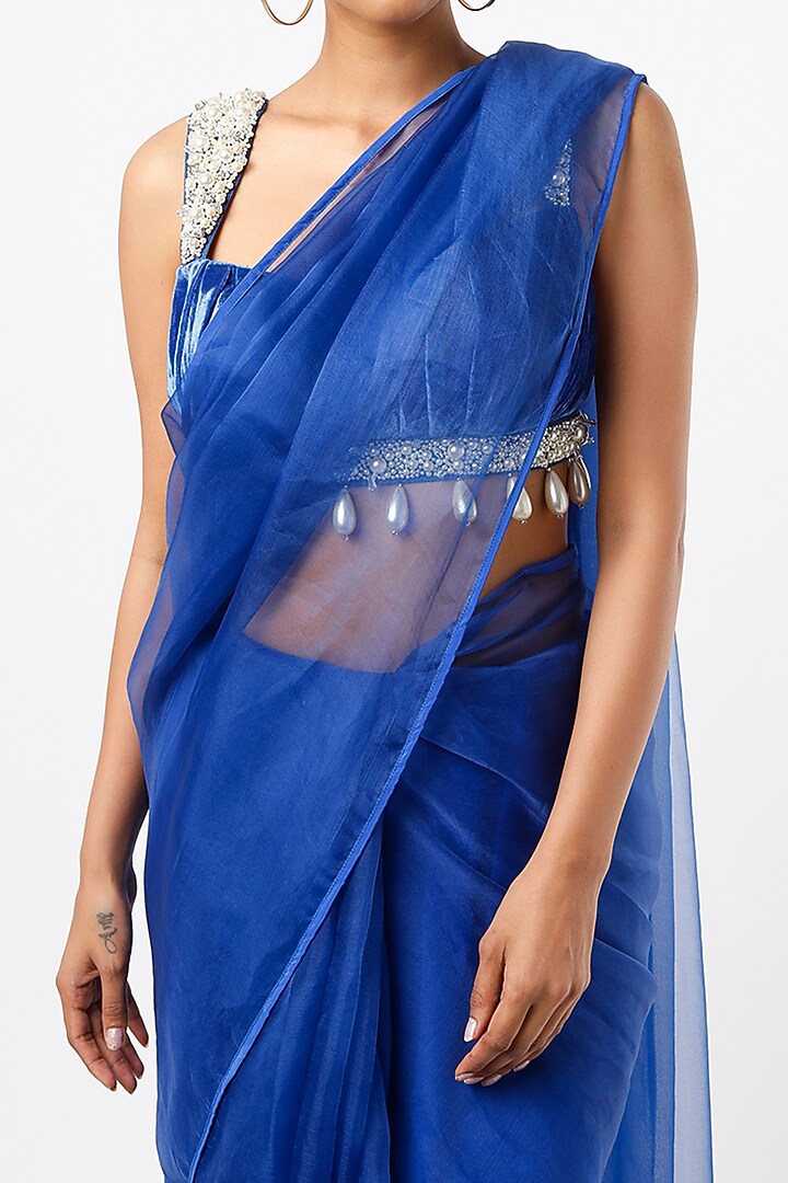 Royal Blue Pure Organza Wedding Saree Set by Oru at Pernia's Pop Up Shop