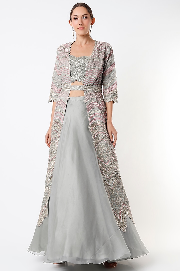 Grey Embroidered Jacket Set by Osaa By Adarsh