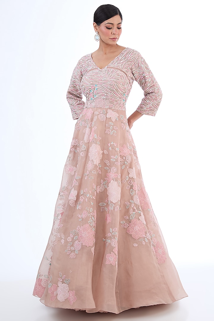Pink Organza Applique Embroidered Gown by OSAA By Adarsh