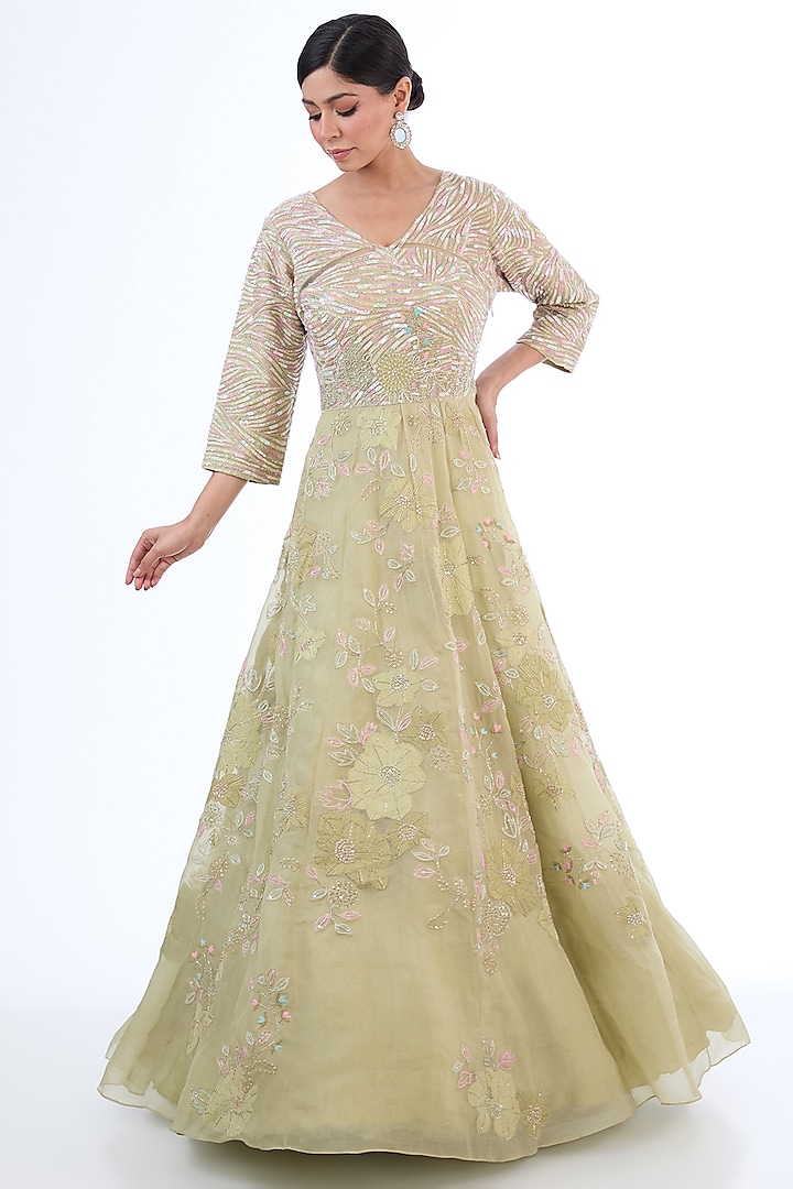 Green Organza Applique Embroidered Gown by OSAA By Adarsh