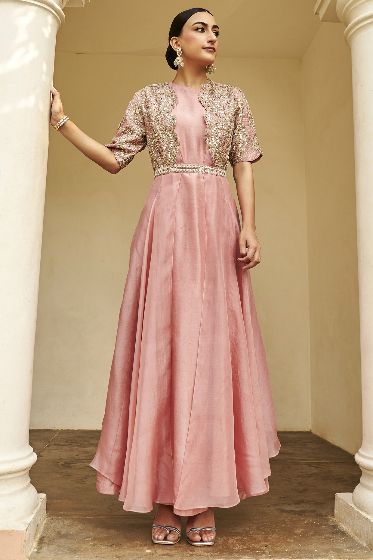 Soft Berry Organza Zardosi & Aari Embroidered Jacket Set by Osaa By Adarsh at Pernia's Pop Up Shop