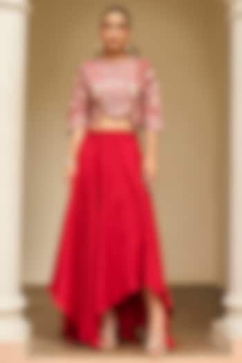 Carmine Red Mulberry Silk Skirt Set by Osaa By Adarsh