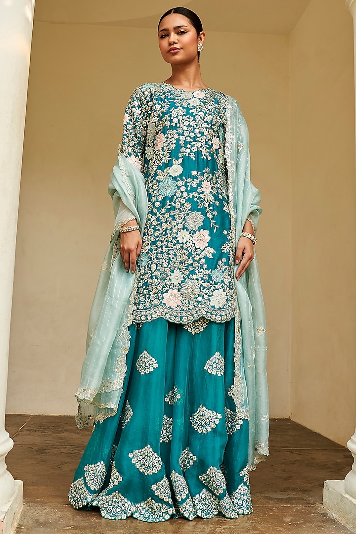 Pine Green Mulberry Silk Zardosi & Applique Embroidered Sharara Set by Osaa By Adarsh
