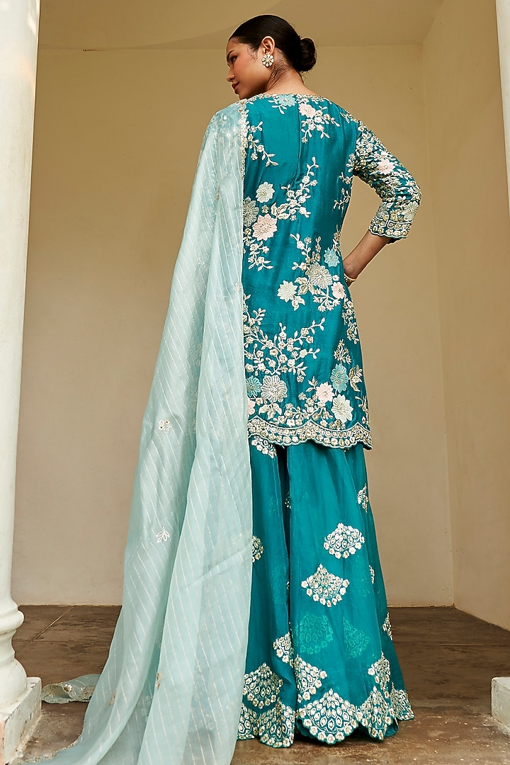Pine Green Mulberry Silk Zardosi & Applique Embroidered Bridal Sharara Set by Osaa By Adarsh at Pernia's Pop Up Shop