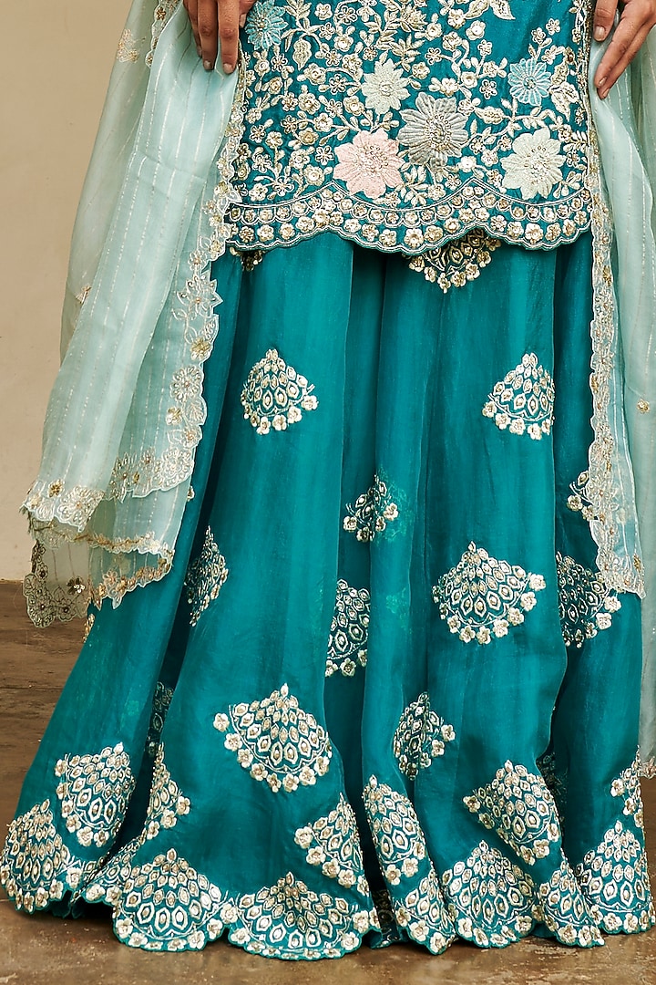 Pine Green Mulberry Silk Zardosi & Applique Embroidered Bridal Sharara Set by Osaa By Adarsh at Pernia's Pop Up Shop