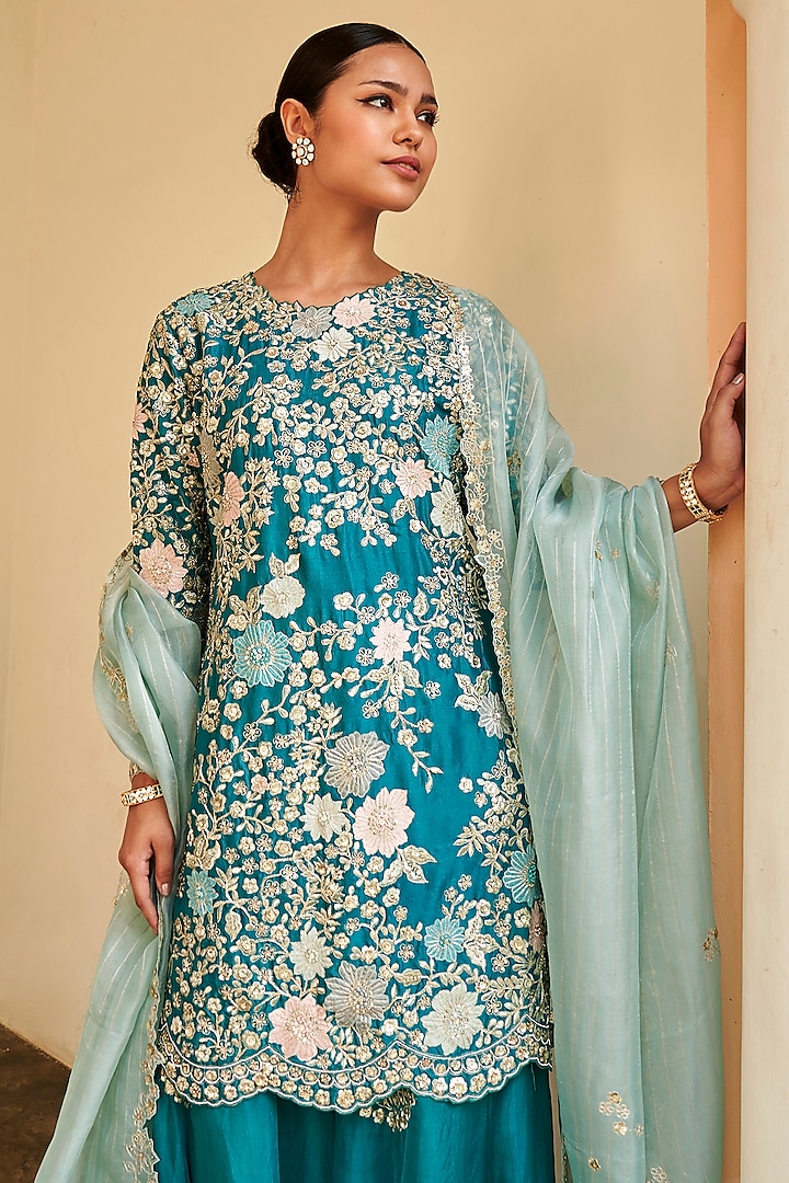 Pine Green Mulberry Silk Zardosi & Applique Embroidered Bridal Sharara Set by Osaa By Adarsh at Pernia's Pop Up Shop