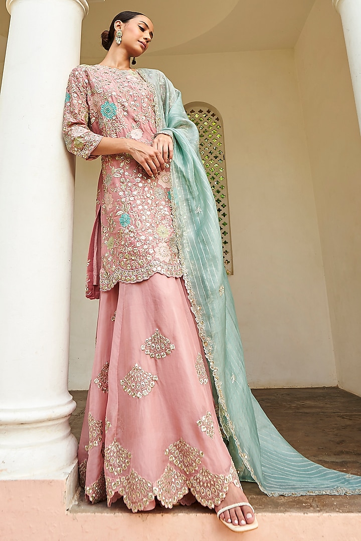 Soft Berry Mulberry Silk Zardosi & Applique Embroidered Sharara Set by Osaa By Adarsh
