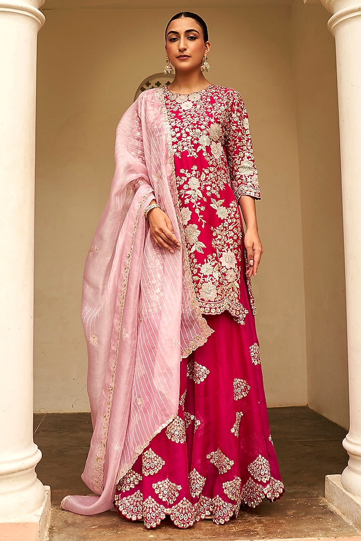 Scarlet Mulberry Silk Zardosi & Applique Embroidered Sharara Set by Osaa By Adarsh