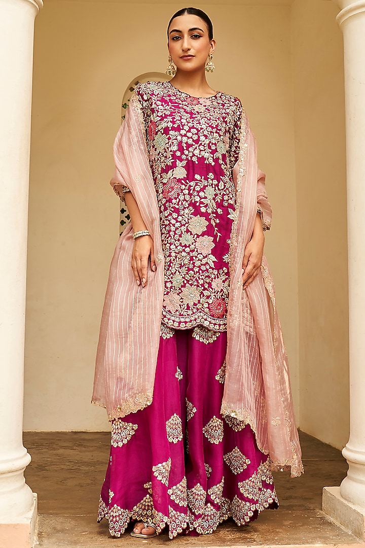 Sangria Plum Mulberry Silk Zardosi & Applique Embroidered Sharara Set by Osaa By Adarsh