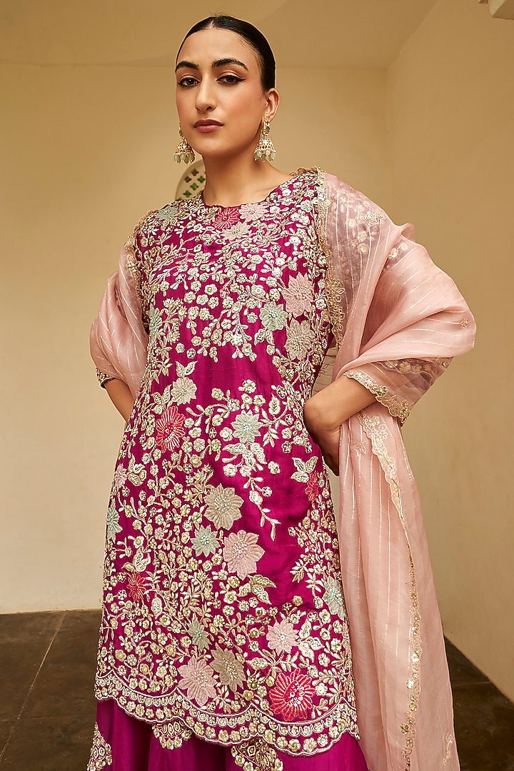 Sangria Plum Mulberry Silk Zardosi & Applique Embroidered Bridal Sharara Set by Osaa By Adarsh at Pernia's Pop Up Shop