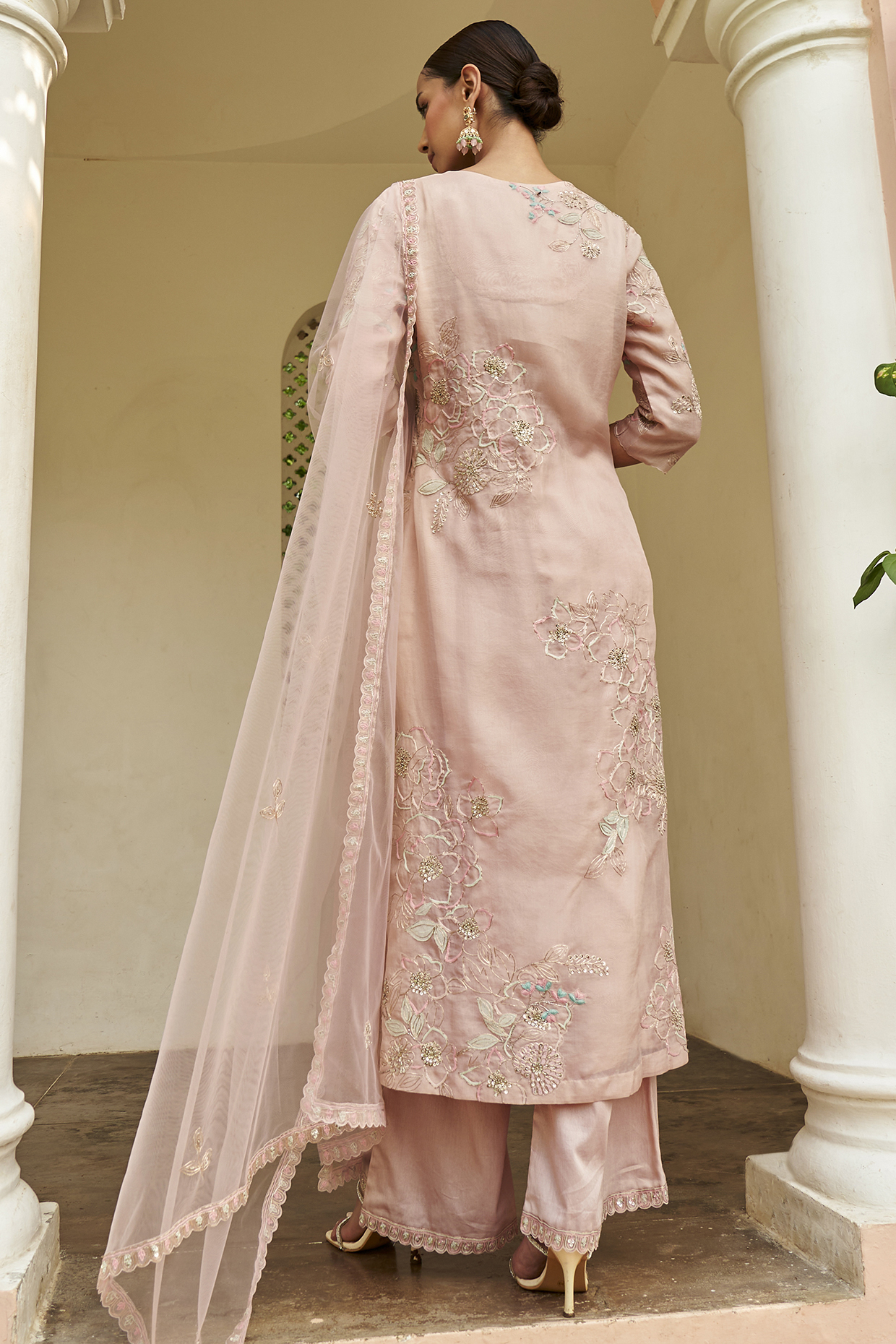 Peach Organza Zardosi And Applique Embroidered Kurta Set By Osaa By