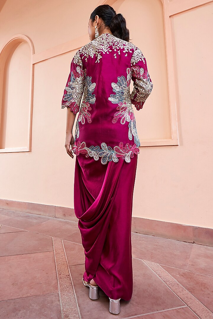 Sangria Plum Mulberry Silk Zardosi & Aari Embroidered Jacket Set by Osaa By Adarsh at Pernia's Pop Up Shop