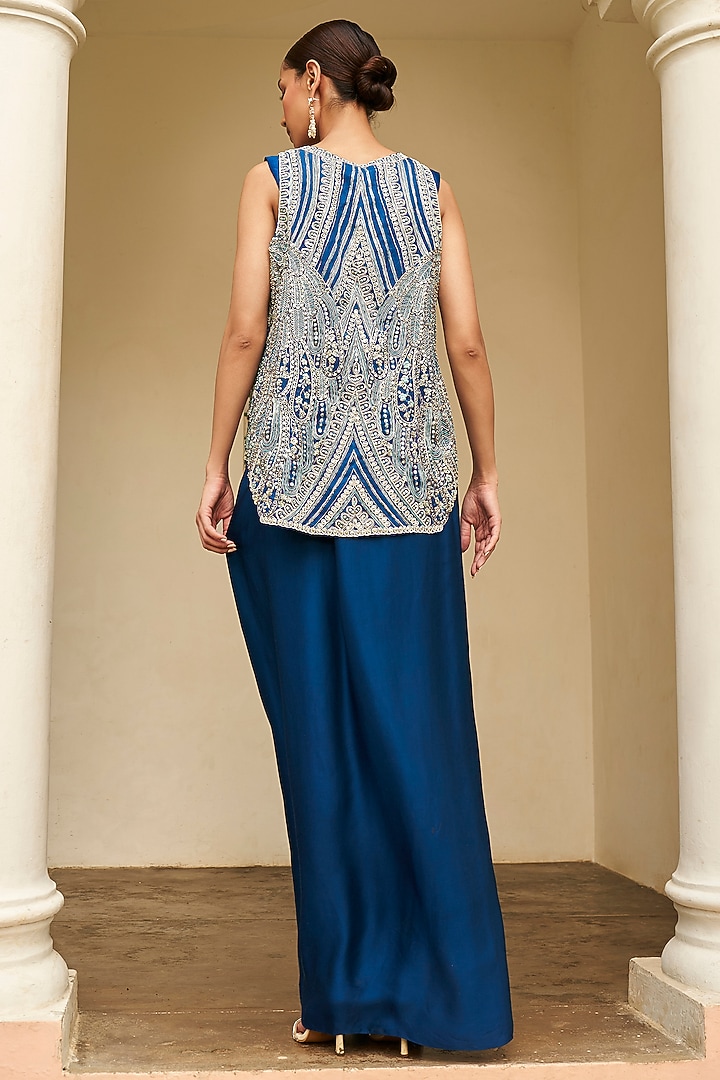 Jade Blue Mulberry Silk Zardosi & Aari Embroidered Jacket Set by Osaa By Adarsh at Pernia's Pop Up Shop