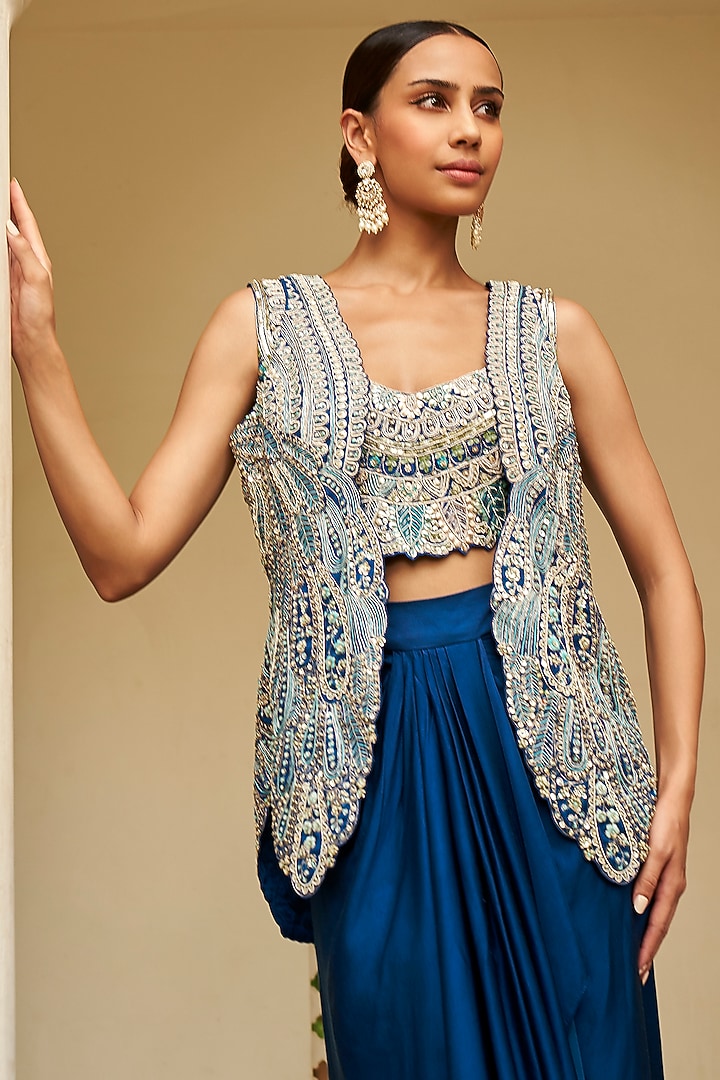 Jade Blue Mulberry Silk Zardosi & Aari Embroidered Jacket Set by Osaa By Adarsh at Pernia's Pop Up Shop