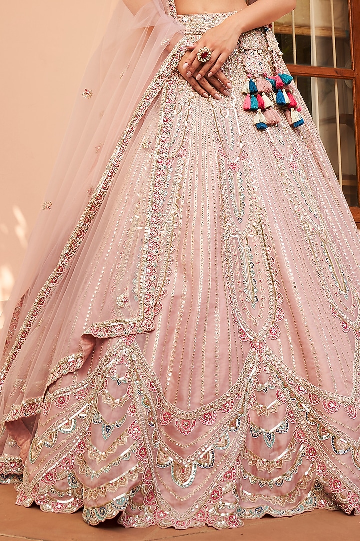 Soft Berry Organza Zardosi & Aari Embroidered Bridal Lehenga Set by Osaa By Adarsh at Pernia's Pop Up Shop