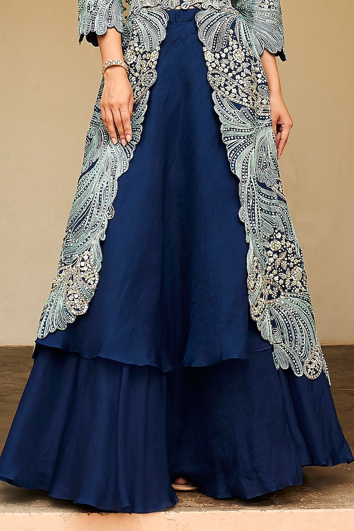 Midnight Blue Organza Zardosi & Thread Embroidered Jacket Set by Osaa By Adarsh at Pernia's Pop Up Shop