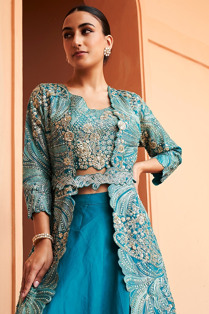 Pine Green Organza Zardosi & Thread Embroidered Jacket Set by Osaa By Adarsh at Pernia's Pop Up Shop