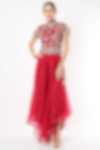 Cherry Red Tissue Organza Skirt Set by Osaa By Adarsh