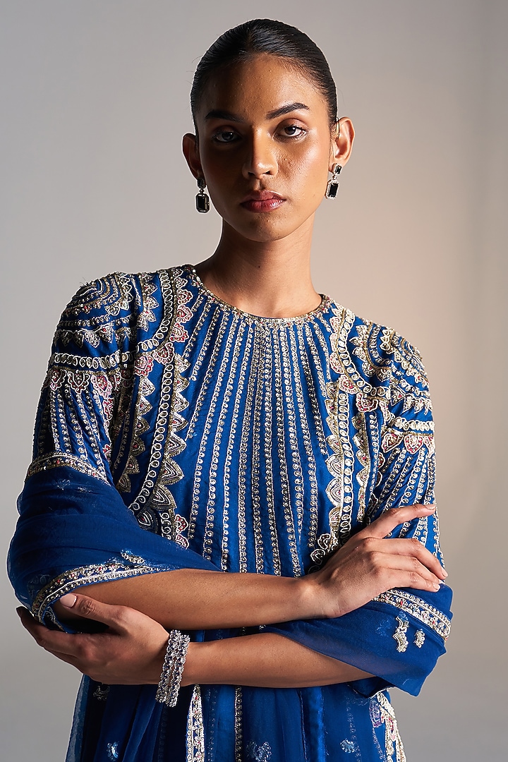 Jade Blue Organza Aari Work Handcrafted Bridal Sharara Set by OSAA By Adarsh at Pernia's Pop Up Shop