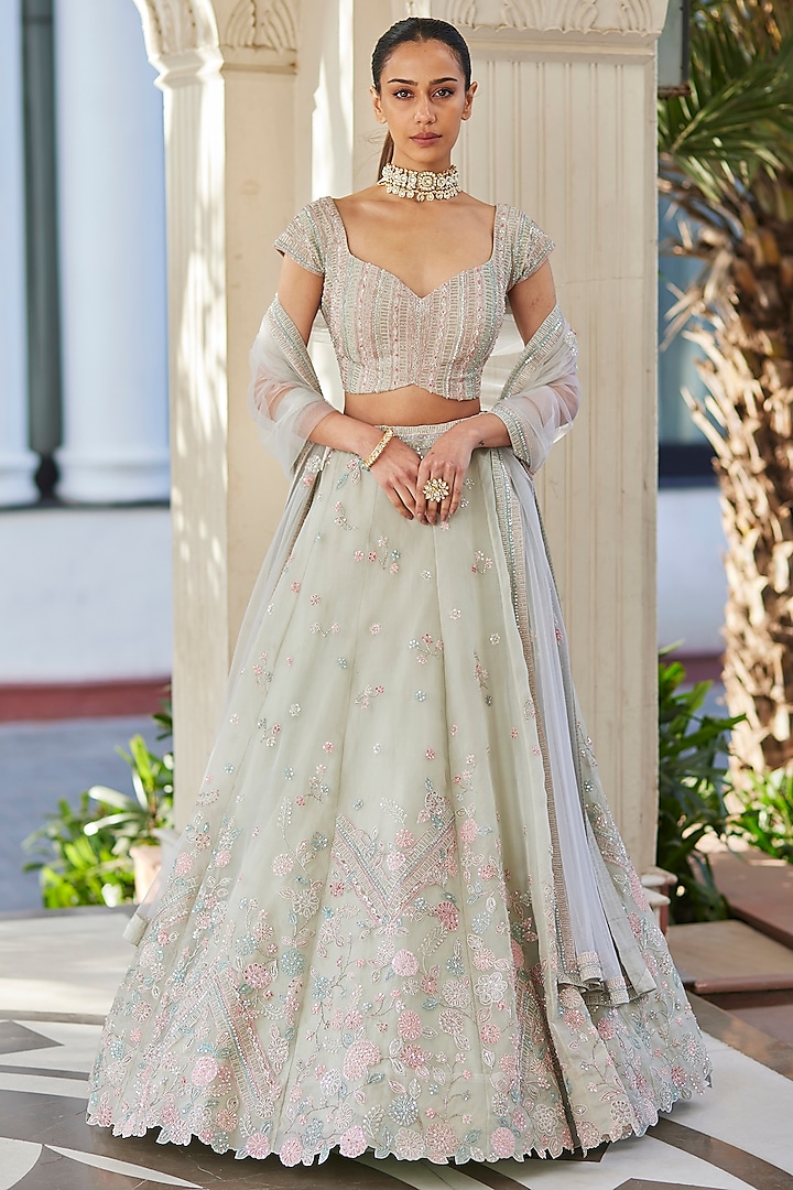 Cucumber Green Organza Embroidered Lehenga by Osaa By Adarsh