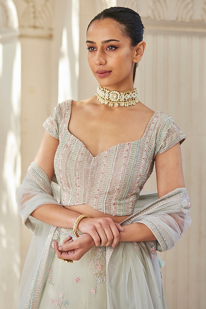 Cucumber Green Organza Embroidered Bridal Lehenga Set by Osaa By Adarsh at Pernia's Pop Up Shop