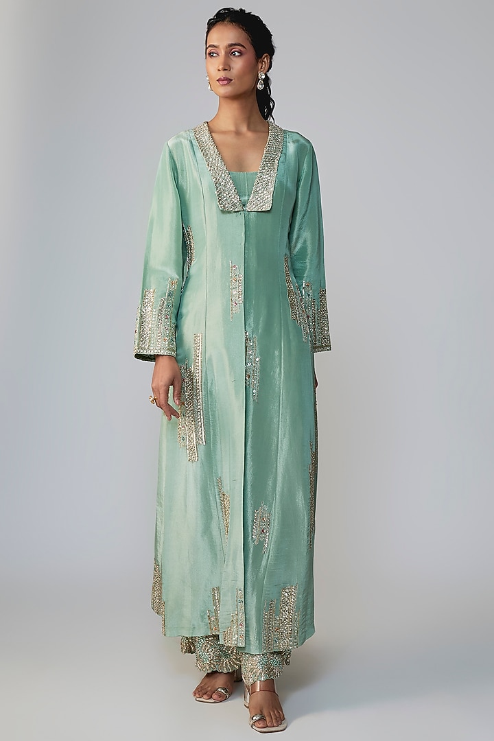 Tea Green Tissue Silk Embroidered Kurta Set by OSAA By Adarsh at Pernia's Pop Up Shop
