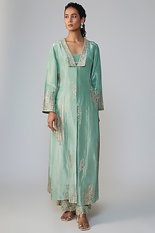 Tea Green Tissue Silk Embroidered Kurta Set by OSAA By Adarsh