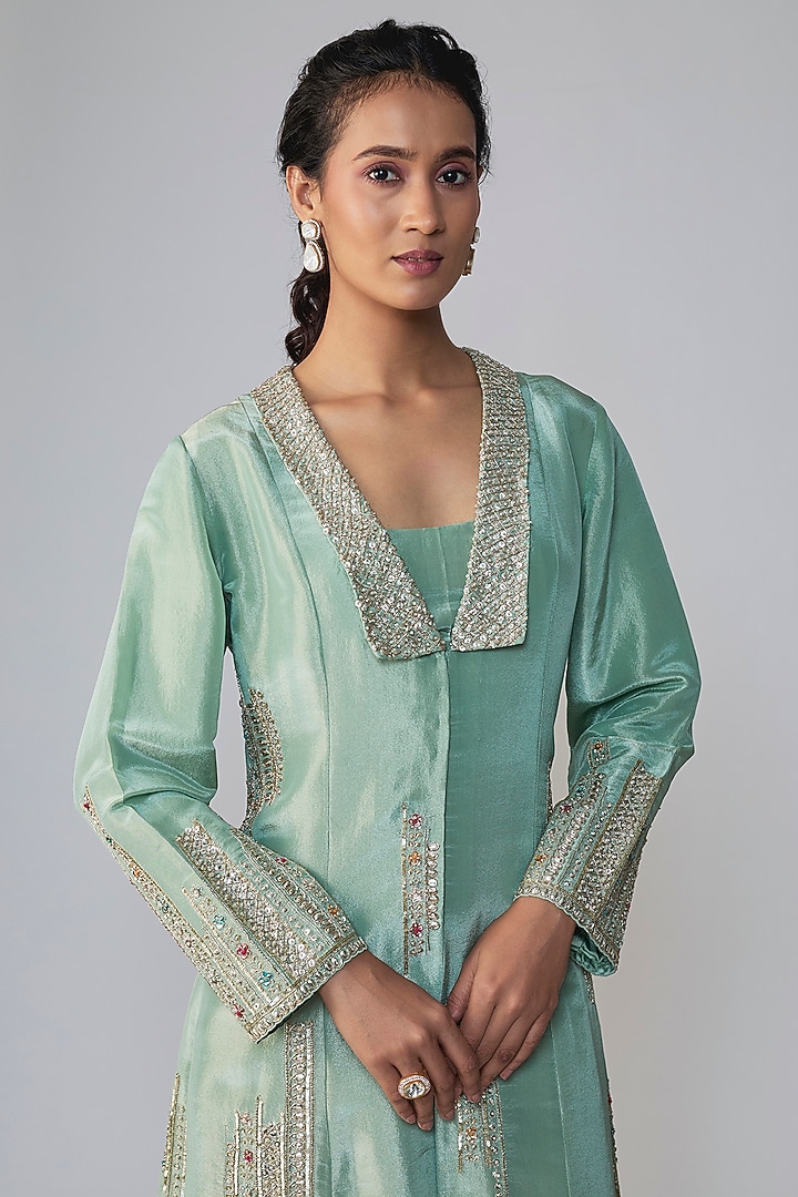 Tea Green Tissue Silk Embroidered Kurta Set by OSAA By Adarsh at Pernia's Pop Up Shop