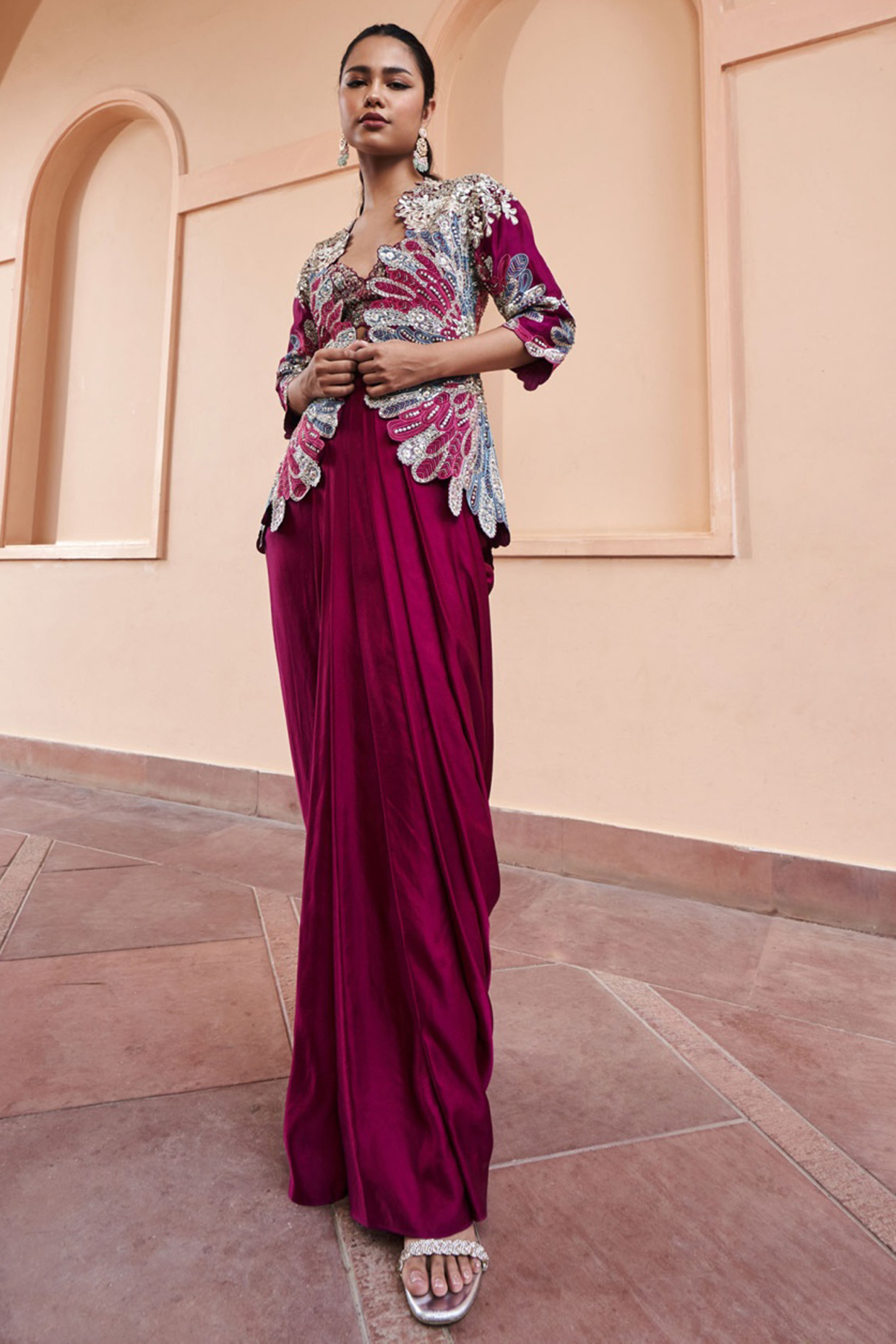 Sangria Plum Mulberry Silk Zardosi Embroidered Jacket Set by OSAA By Adarsh at Pernia's Pop Up Shop