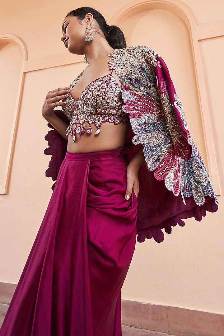 Sangria Plum Mulberry Silk Zardosi Embroidered Jacket Set by OSAA By Adarsh at Pernia's Pop Up Shop