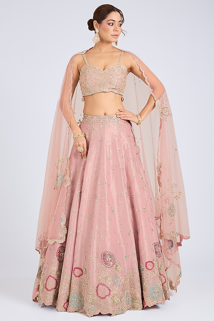 Flamingo Pink Tissue Silk Zardosi Embroidered Bridal Lehenga Set by OSAA By Adarsh at Pernia's Pop Up Shop