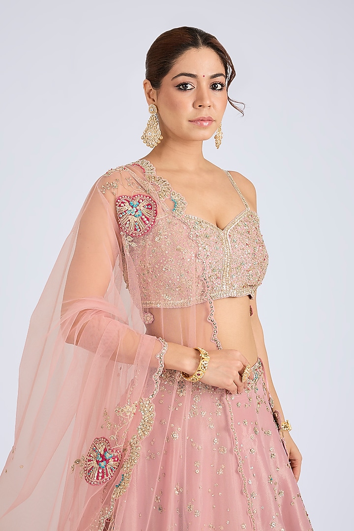 Flamingo Pink Tissue Silk Zardosi Embroidered Bridal Lehenga Set by OSAA By Adarsh at Pernia's Pop Up Shop