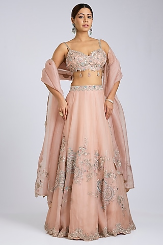 Soft Berry Organza Zardosi Handcrafted Lehenga Set by OSAA By Adarsh