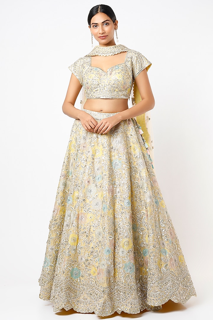 Ochre Yellow Embroidered Lehenga Set by Osaa By Adarsh