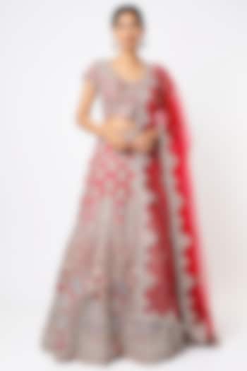 Cherry Red Embroidered Lehenga Set by Osaa By Adarsh