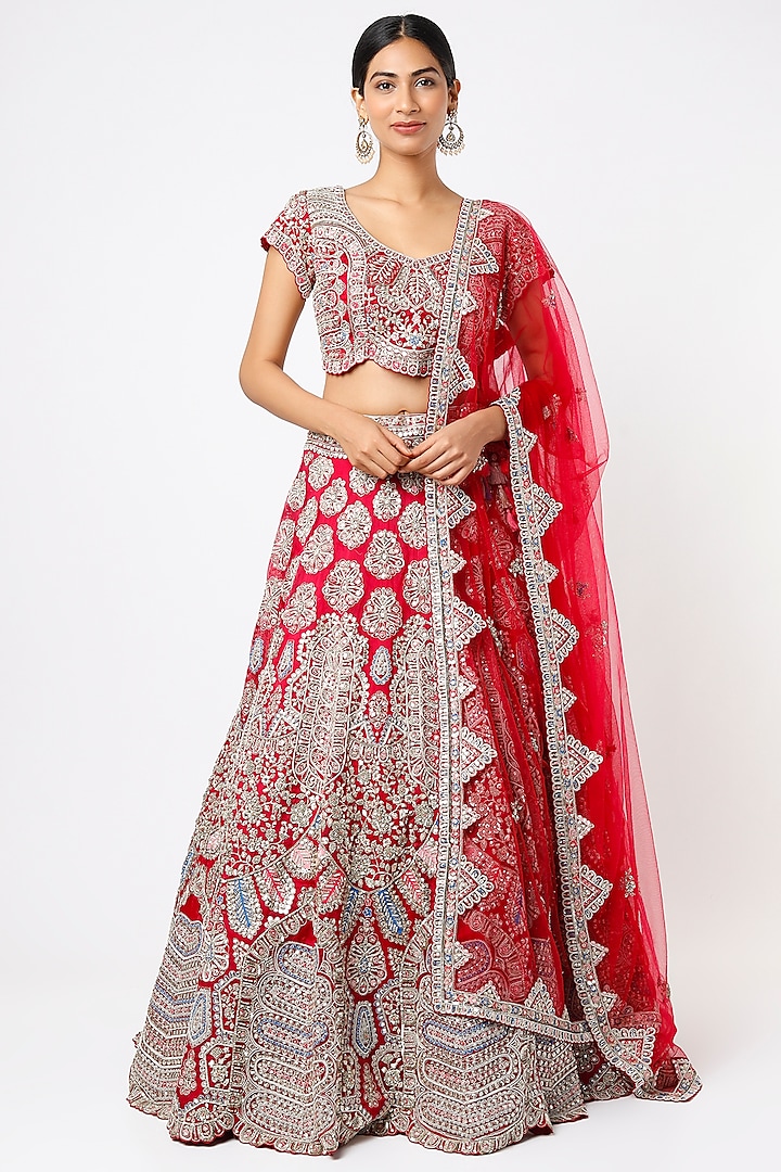 Cherry Red Embroidered Lehenga Set by Osaa By Adarsh