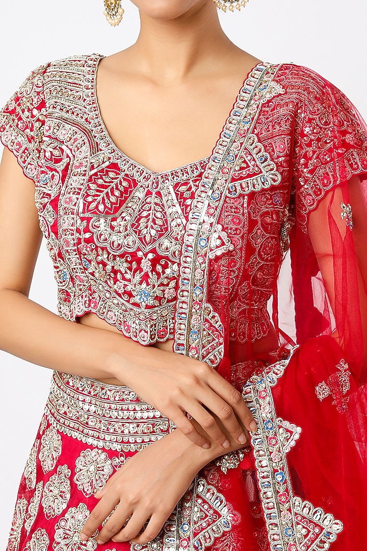 Cherry Red Embroidered Bridal Lehenga Set by Osaa By Adarsh at Pernia's Pop Up Shop
