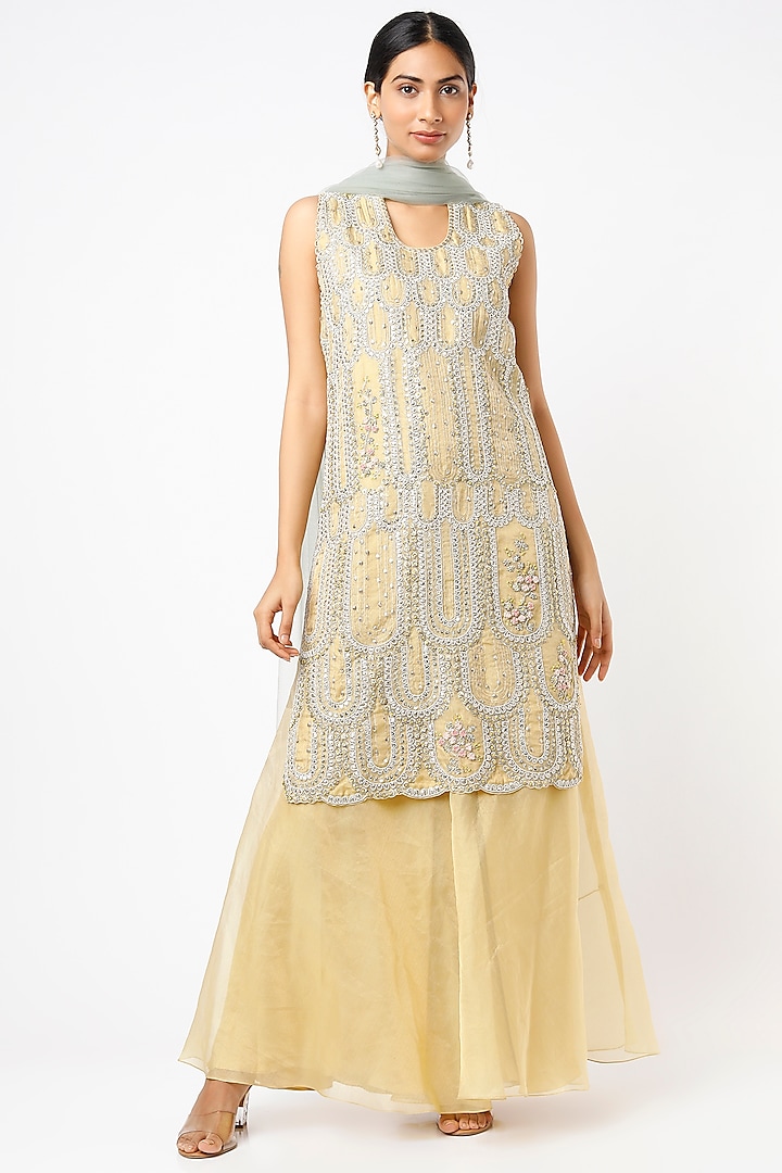 Taupe Lemon Embroidered Kurta Set by Osaa By Adarsh