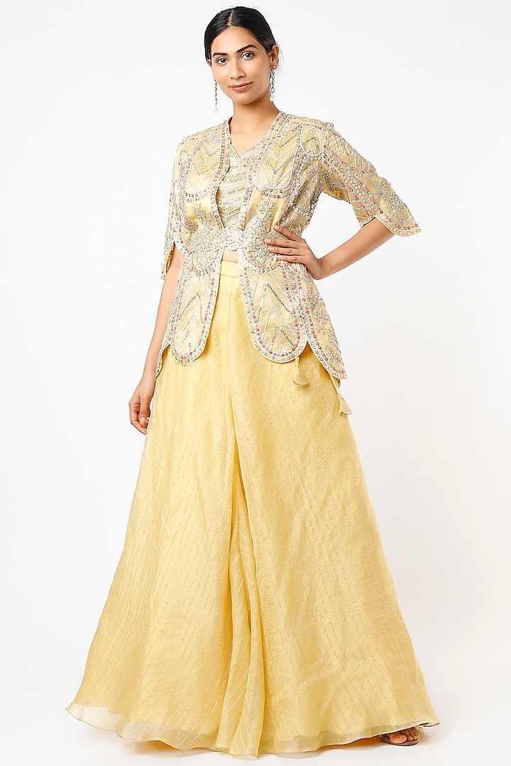 Taupe Lemon Embroidered Jacket Set by Osaa By Adarsh