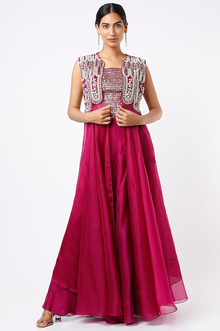 Plum Embroidered Jacket Set by Osaa By Adarsh