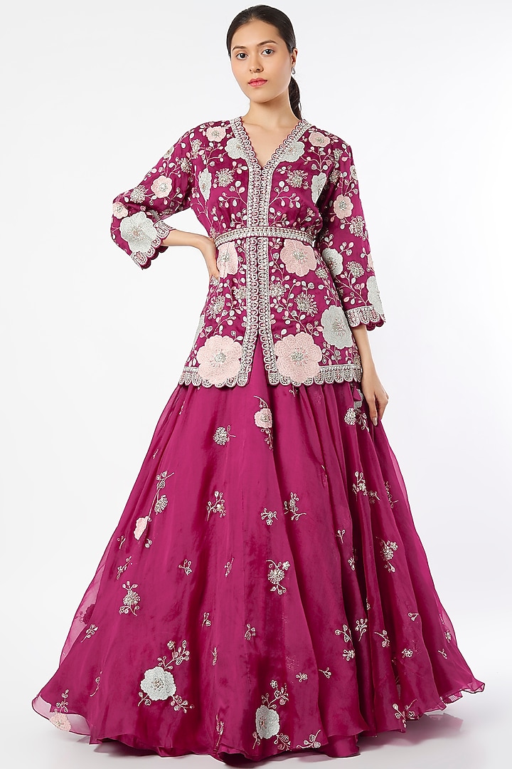 Plum Organza Embroidered Lehenga Set by OSAA - By Adarsh