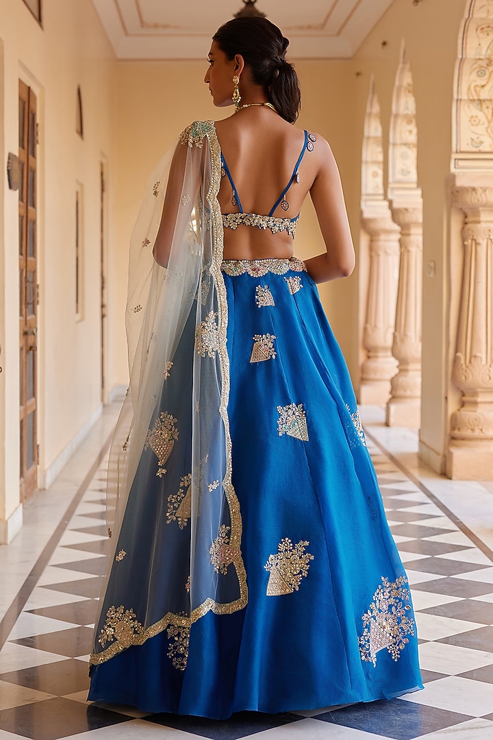 Blueberry Organza Aari Work Handcrafted Bridal Lehenga Set by OSAA By Adarsh at Pernia's Pop Up Shop