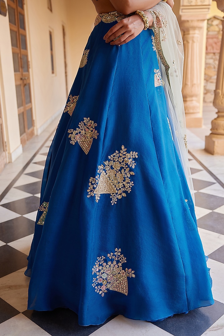 Blueberry Organza Aari Work Handcrafted Bridal Lehenga Set by OSAA By Adarsh at Pernia's Pop Up Shop