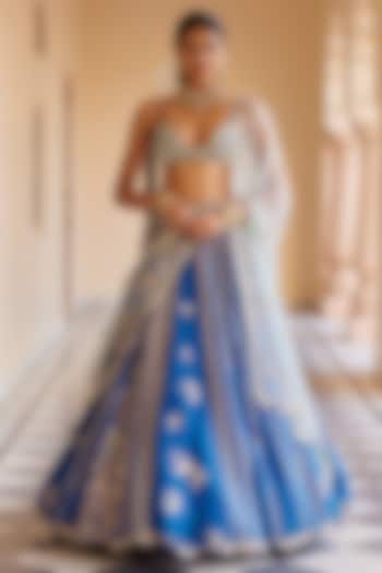 Jade Blue Organza Aari Work Handcrafted Bridal Lehenga Set by OSAA By Adarsh at Pernia's Pop Up Shop